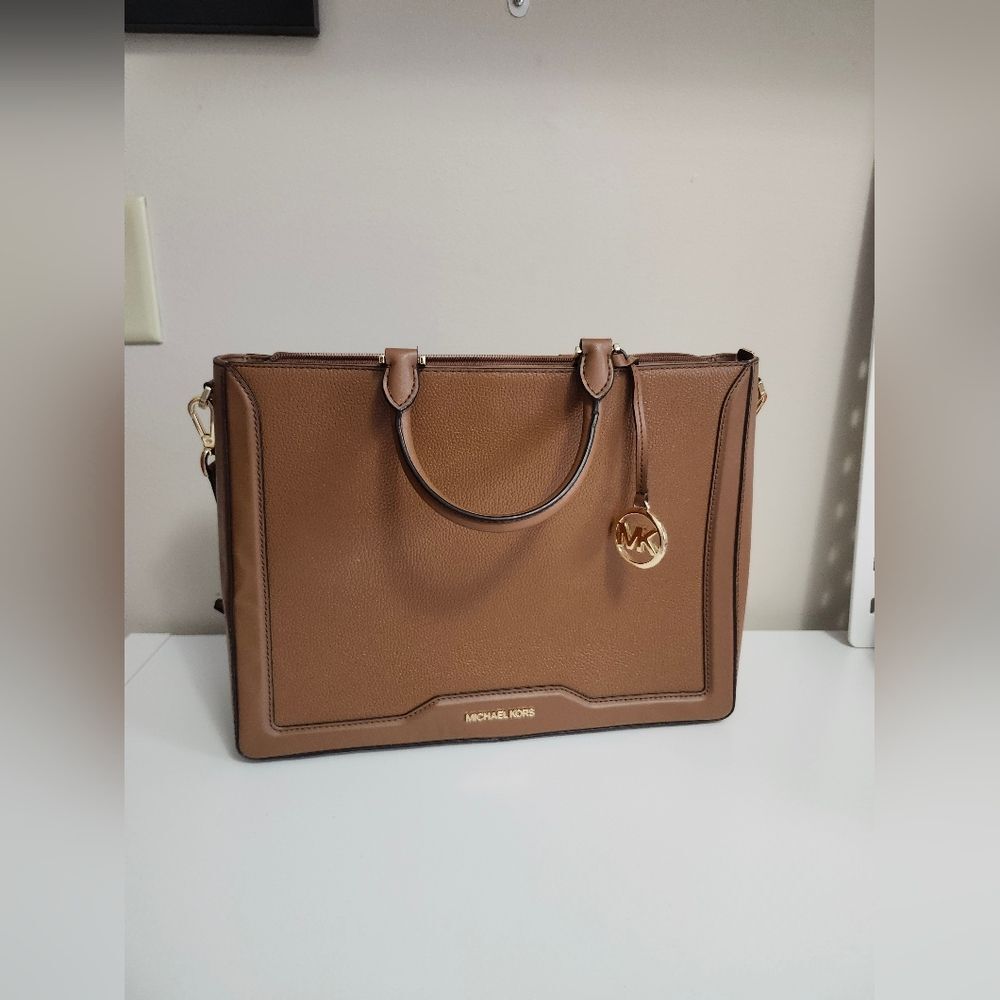 Michael Kors Jessie Satchel Shoulder Tote Bag Camel Brown Chestnut Gold Accents